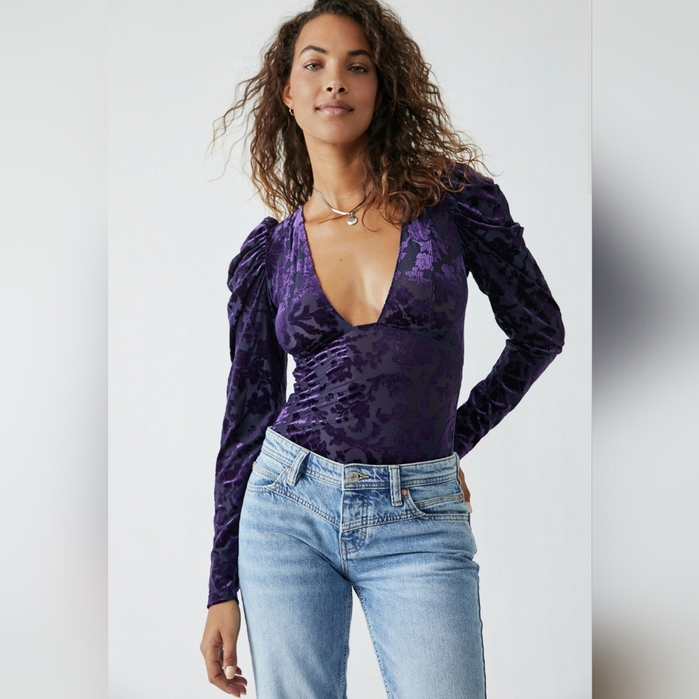 Free People Magic Hour Velvet Bodysuit Deep Sea Combo Size XS